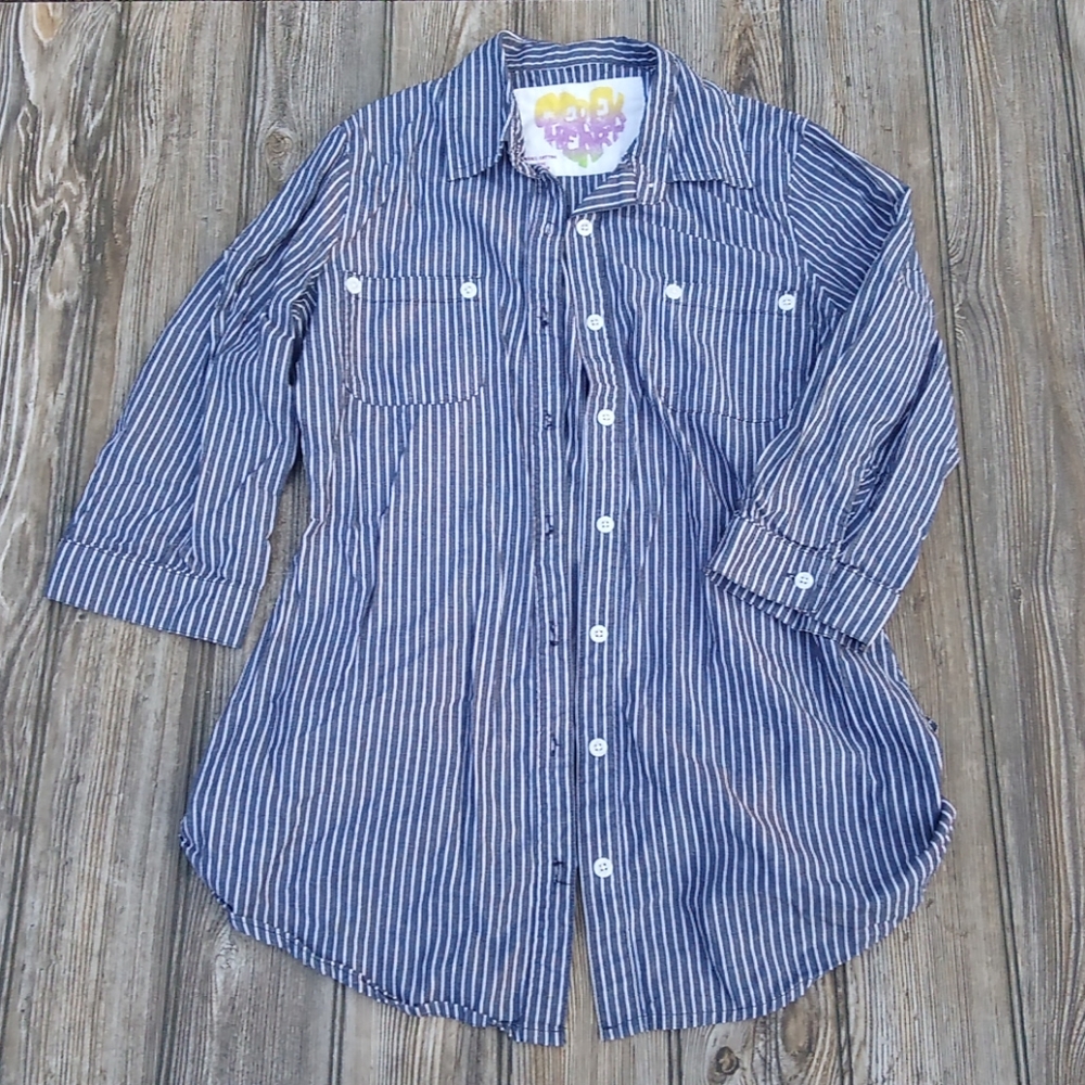 Derek Heart Striped Button Down Blouse Top